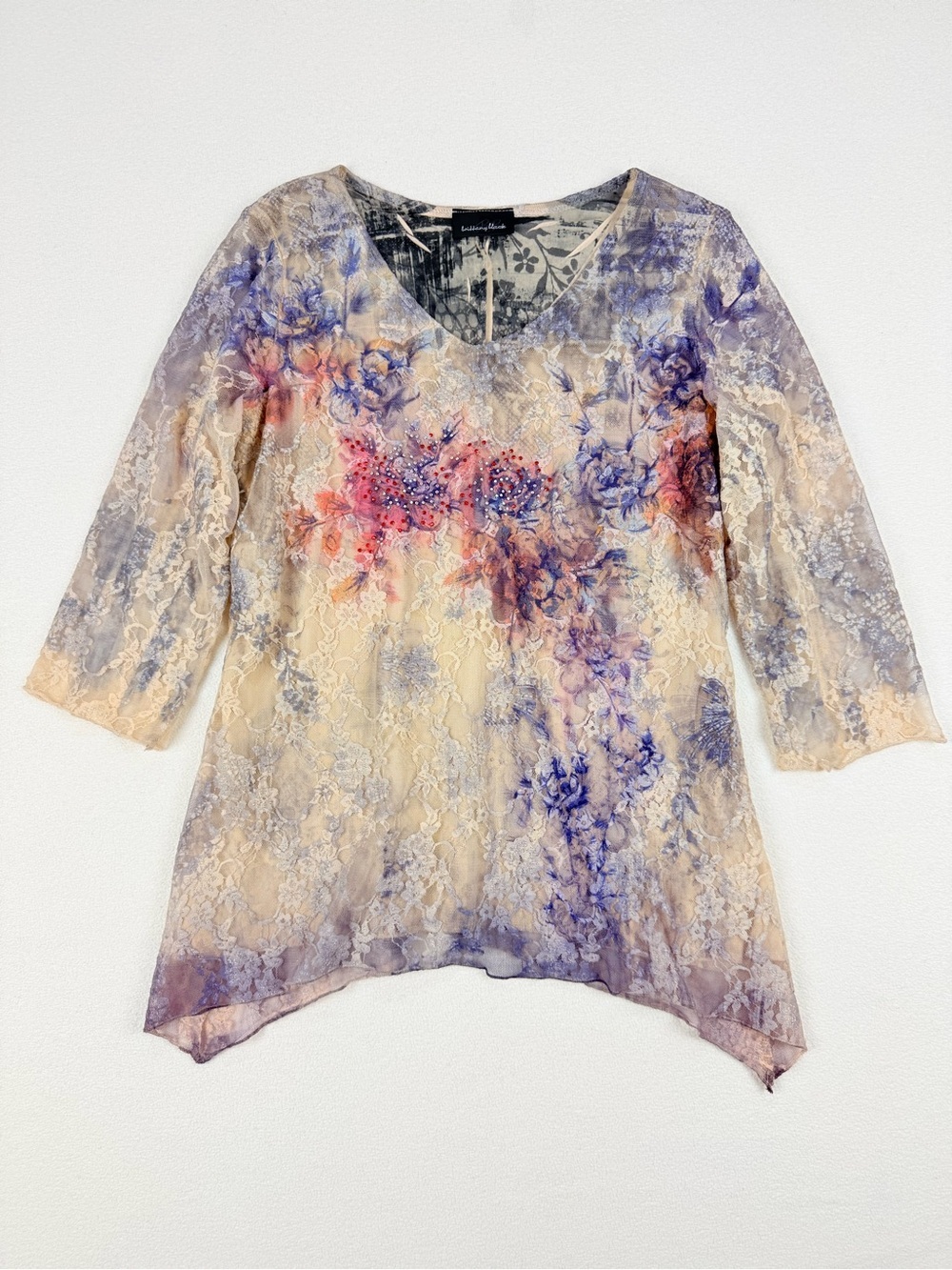 Brittany Black Fairycore Top Boho Whimsy Goth Floral Mesh Handkerchief Hem